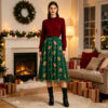 Christmas Party Green Layered Mesh Womens Gingerbread Print Midi Skirt