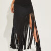 Casual Chic Asymmetric Fringe Womens High Waisted Black Midi Skirt