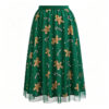 Christmas Party Green Layered Mesh Womens Gingerbread Print Midi Skirt