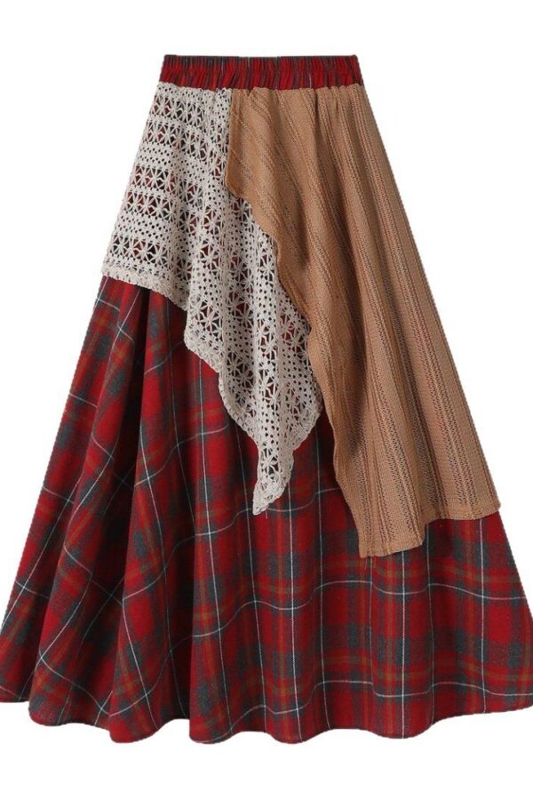 Romantic Bohemian Crochet Patchwork Plaid Womens Asymmetric Midi Skirt