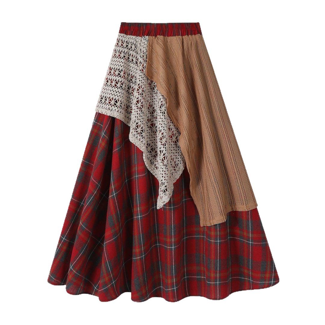 Romantic Bohemian Crochet Patchwork Plaid Womens Asymmetric Midi Skirt