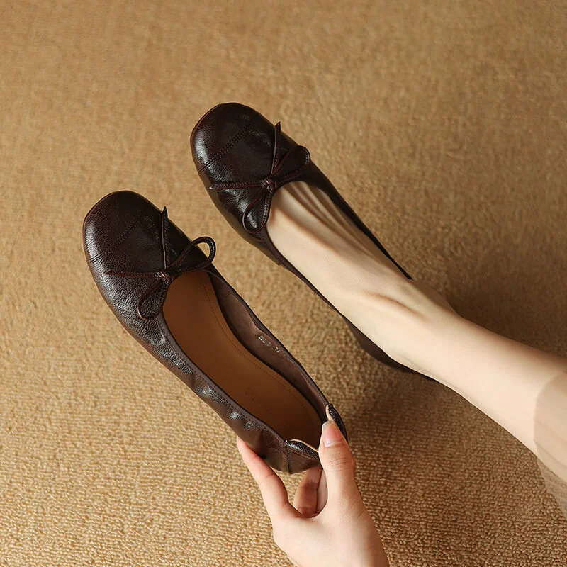 Timeless Classic Waxed Lambskin Bow Square Toe Womens Ballet Pumps