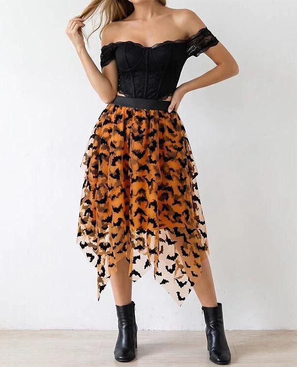 Halloween Layered Tulle Velvet Bat Print Womens Asymmetric Midi Skirt