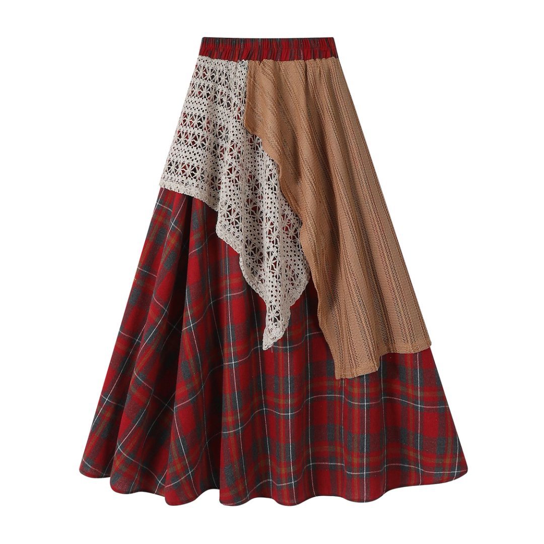 Romantic Bohemian Crochet Patchwork Plaid Womens Asymmetric Midi Skirt