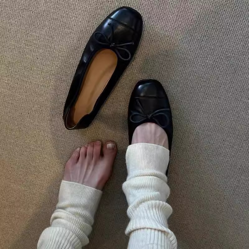 Casual Chic Soft Washed Leather Womens Bow Square Toe Ballet Flats