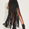 Casual Chic Asymmetric Fringe Womens High Waisted Black Midi Skirt