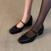 Timeless Classic Sheepskin Leather Womens Bow Block Heel Mary Janes
