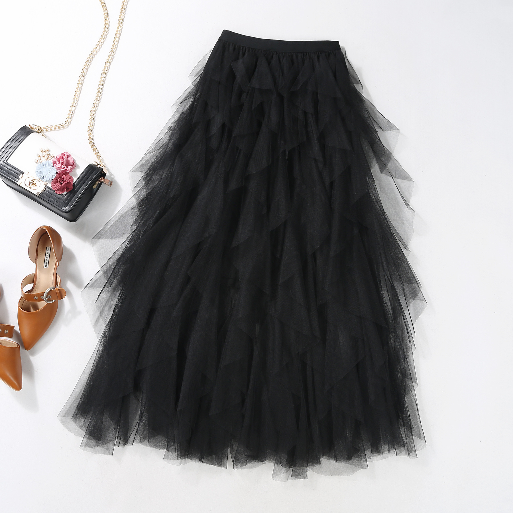 Casual Chic Breathable Asymmetric Layered Tulle Womens Midi Skirt
