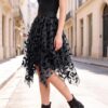 Halloween Layered Tulle Velvet Bat Print Womens Asymmetric Midi Skirt
