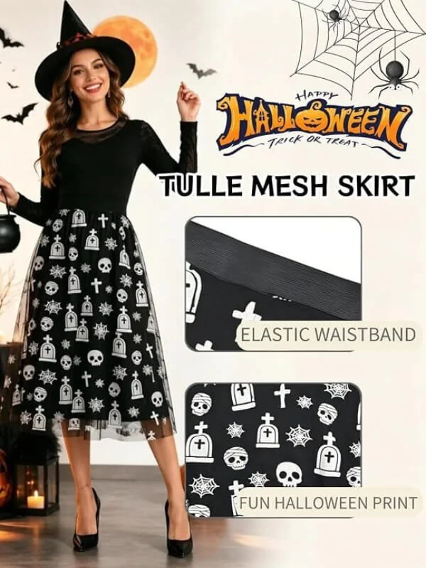 Halloween Flocked Print Tulle Womens Midi Skirt