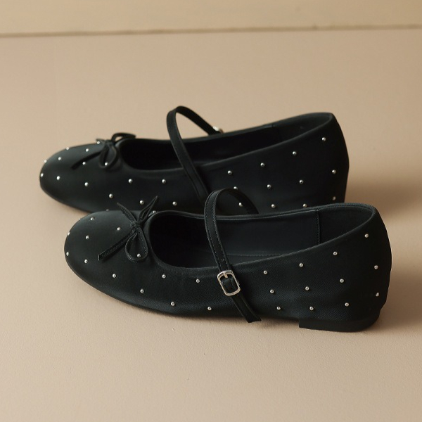 French Chic Satin Crystal Studded Bow Womens Mary Jane Ballet Flats