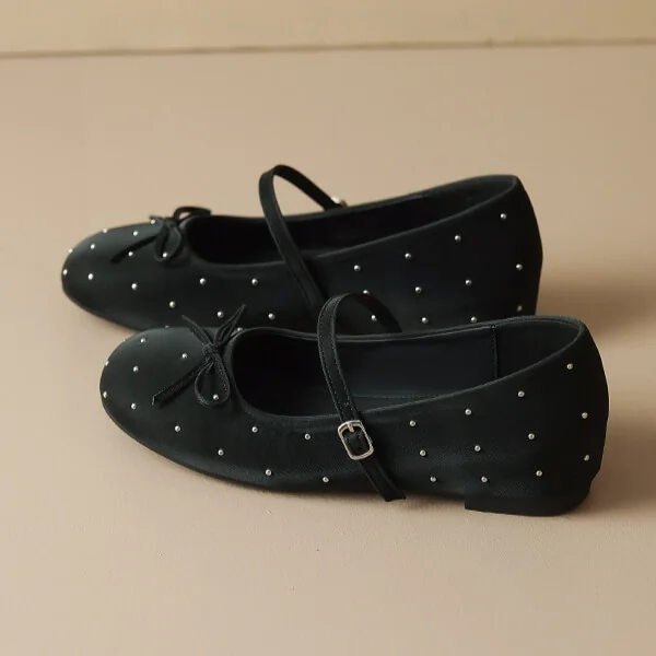 French Chic Satin Crystal Studded Bow Womens Mary Jane Ballet Flats