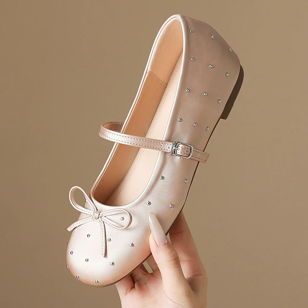 French Chic Satin Crystal Studded Bow Womens Mary Jane Ballet Flats