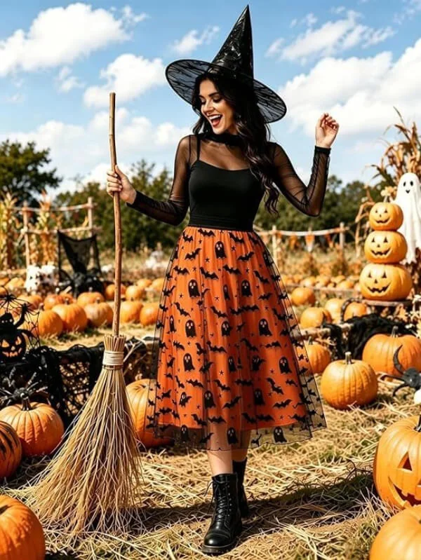 Halloween Flocked Print Tulle Womens Midi Skirt