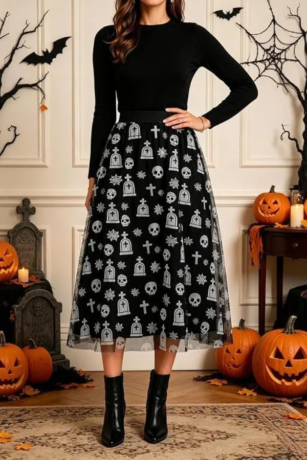 Halloween Flocked Print Tulle Womens Midi Skirt
