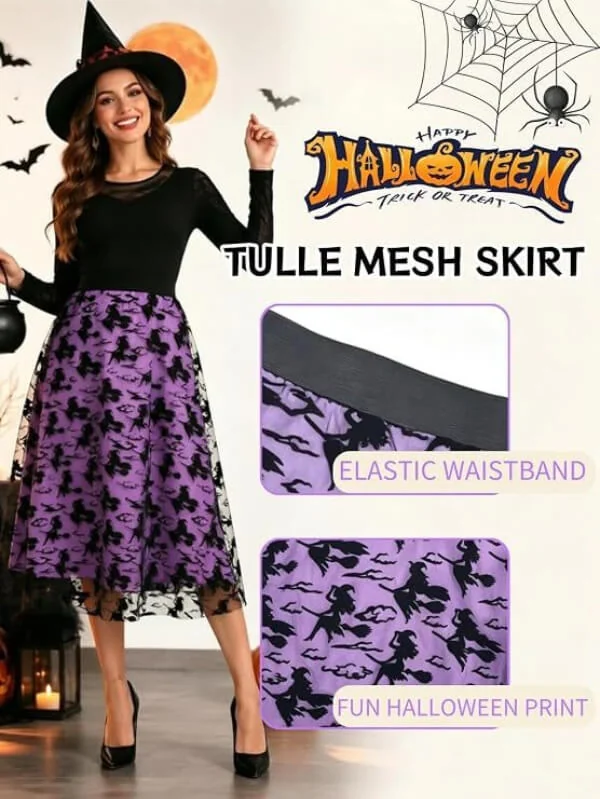 Halloween Flocked Print Tulle Womens Midi Skirt
