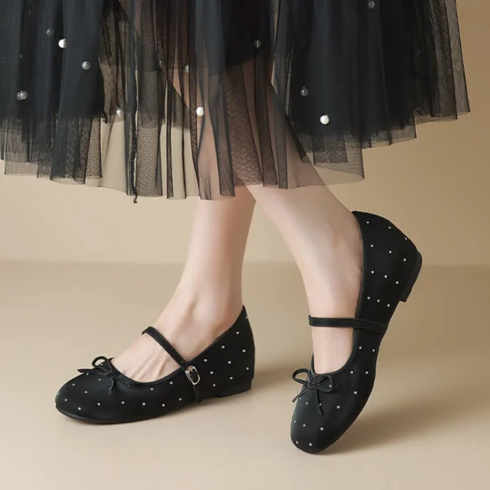 French Chic Satin Crystal Studded Bow Womens Mary Jane Ballet Flats