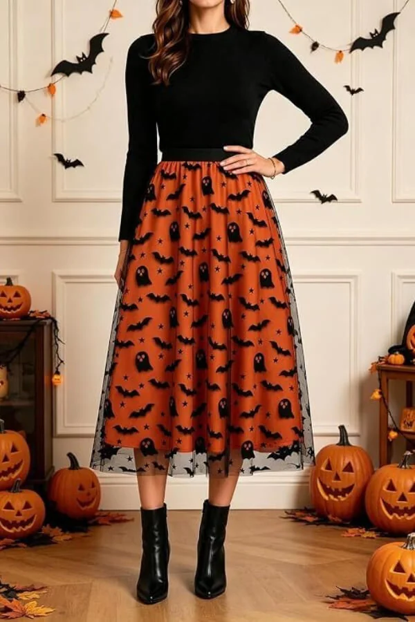 Halloween Flocked Print Tulle Womens Midi Skirt