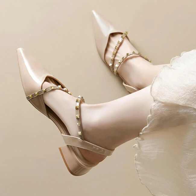 Casual Chic Studded Microfibre Womens Pointed Toe Block Heel Slingback