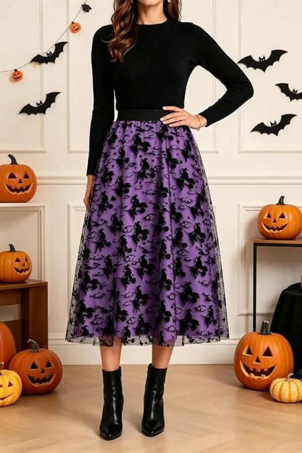 Halloween Flocked Print Tulle Womens Midi Skirt