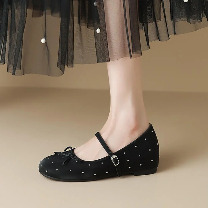 French Chic Satin Crystal Studded Bow Womens Mary Jane Ballet Flats