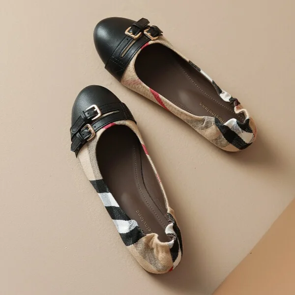 French Riviera Check Buckled Cap Toe Womens Slip On Ballet Pumps